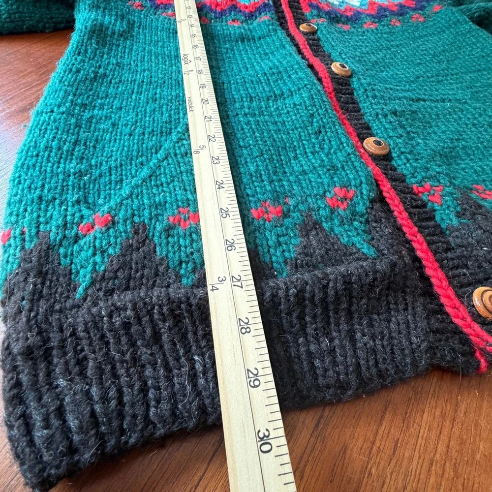 Rey Wear Handmade Wool Cardigan Green Fair Isle Llama Chunky Sweater Ecuador